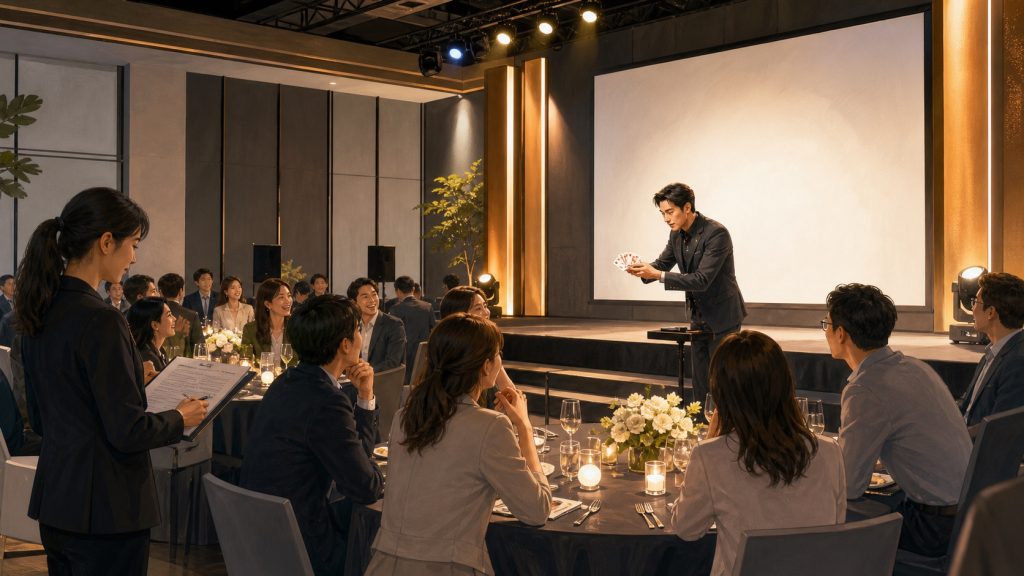 企業尾牙場地中魔術師在舞台演出,來賓於桌邊觀看