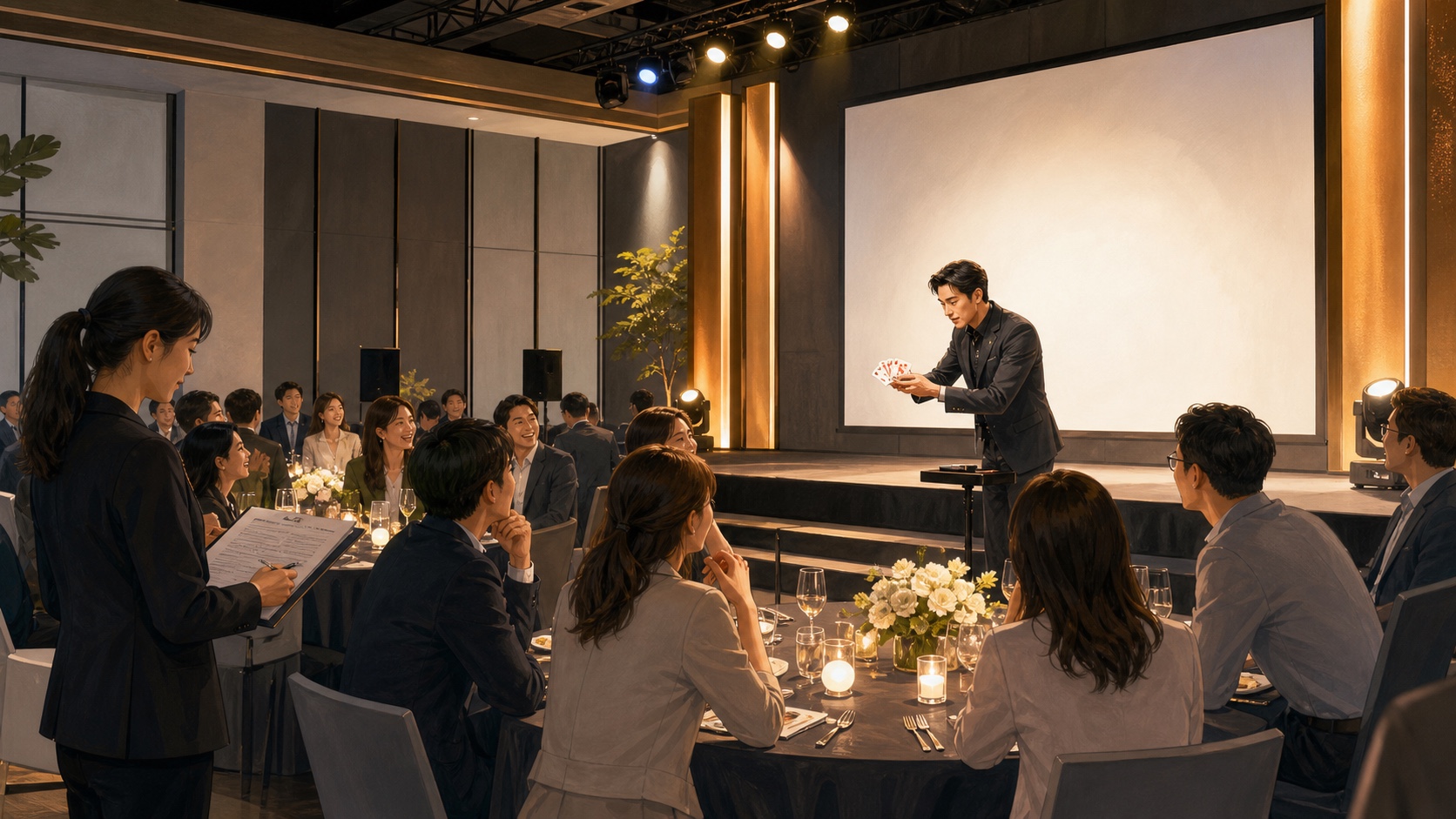 企業尾牙場地中魔術師在舞台演出,來賓於桌邊觀看