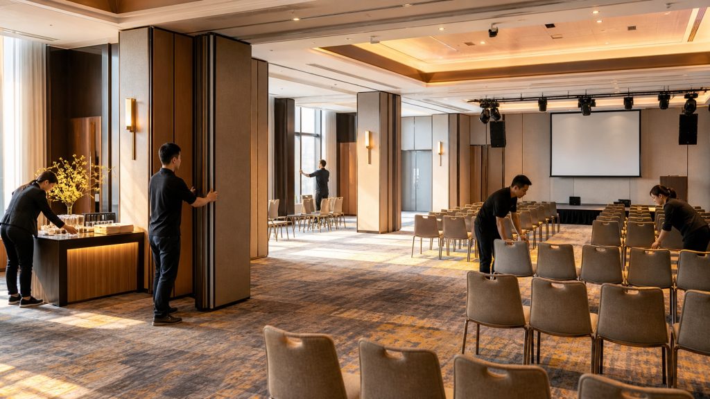 台北複合式活動場地打開活動隔間並安排舞台、座位與報到區