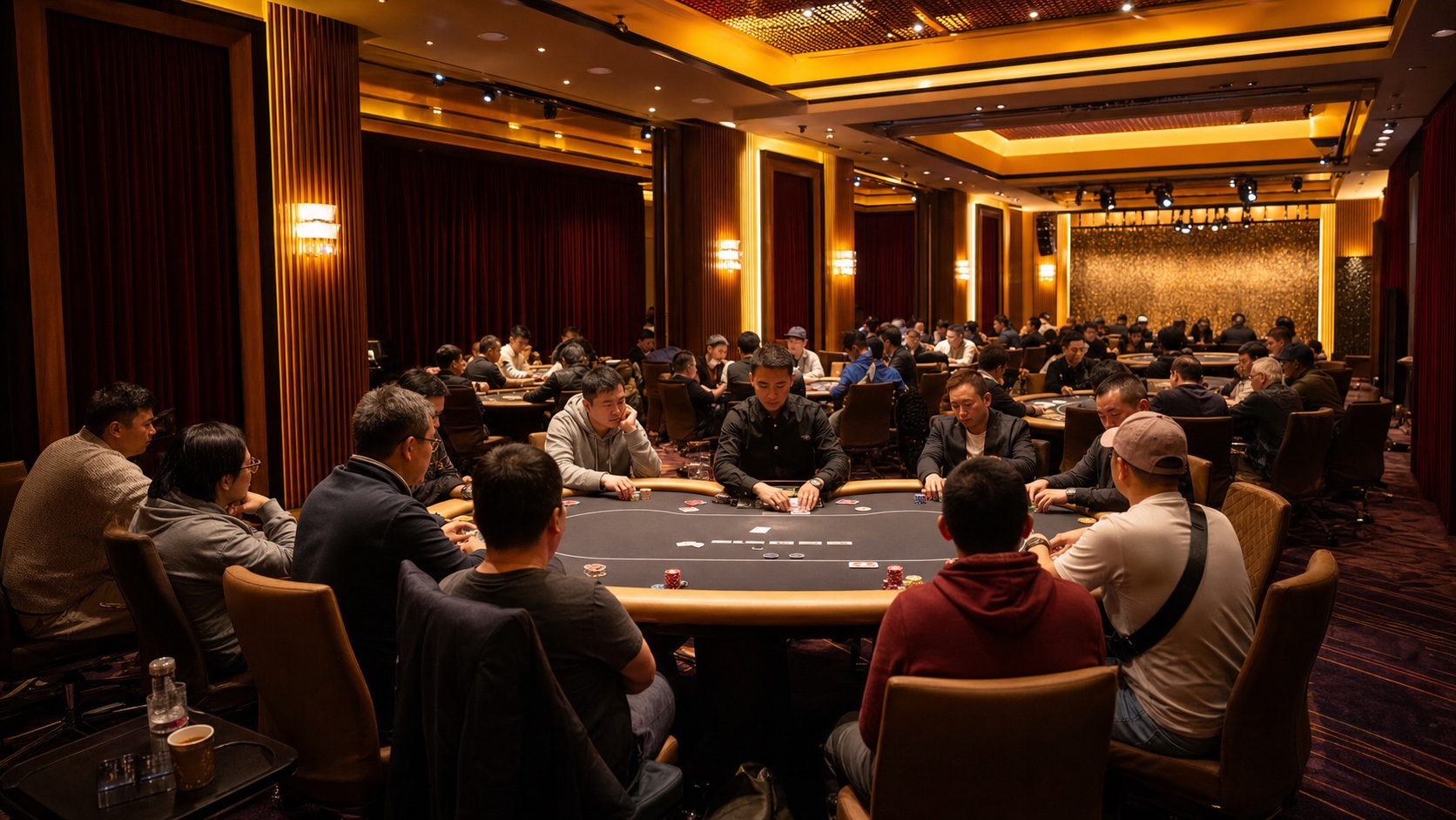 暖金實景活動空間內舉行德州撲克錦標賽，多桌成人選手競技
