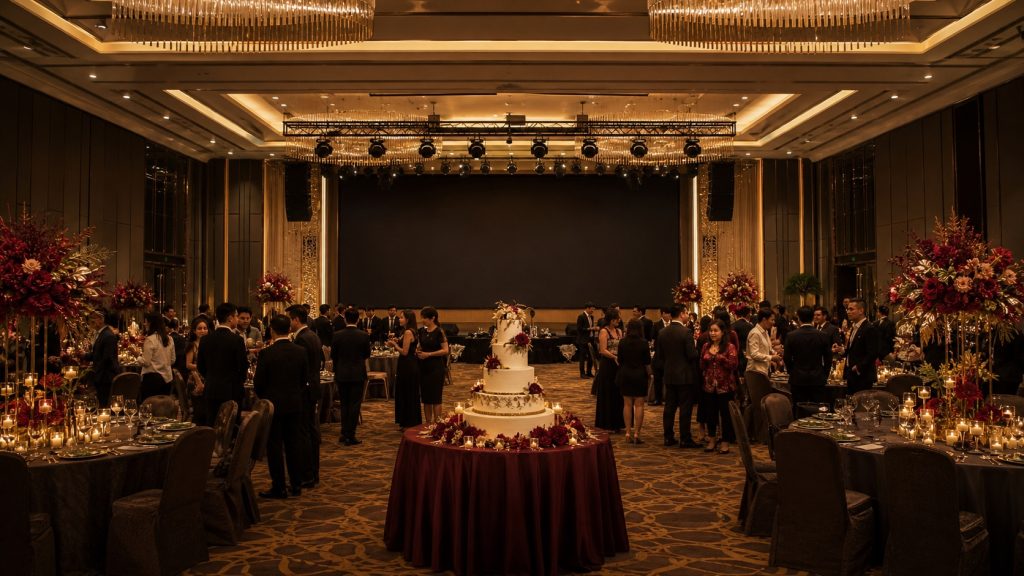 暖金大型生日派對場地內的宴會桌、舞台、成人賓客與中央蛋糕