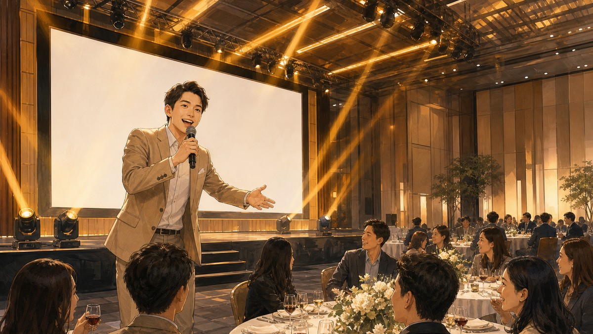 主持人在尾牙晚宴舞台上手持麥克風主持，賓客在圓桌旁交談互動的插畫