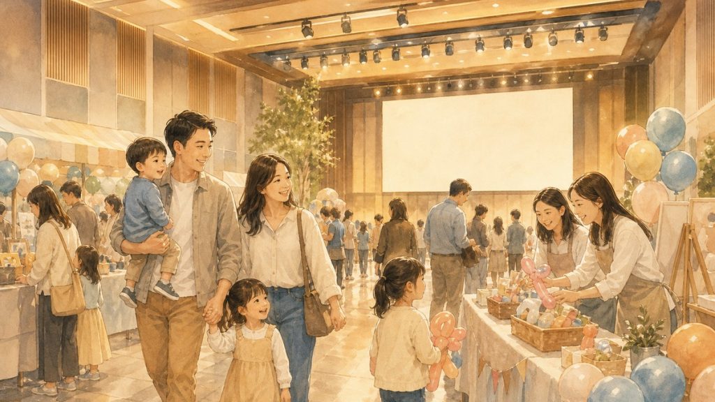 企業家庭日室內園遊會，家長帶著小孩一起走逛活動攤位的溫馨場景