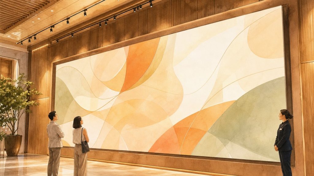 展覽空間內的大型主視覺背板牆，參觀者與工作人員在旁欣賞