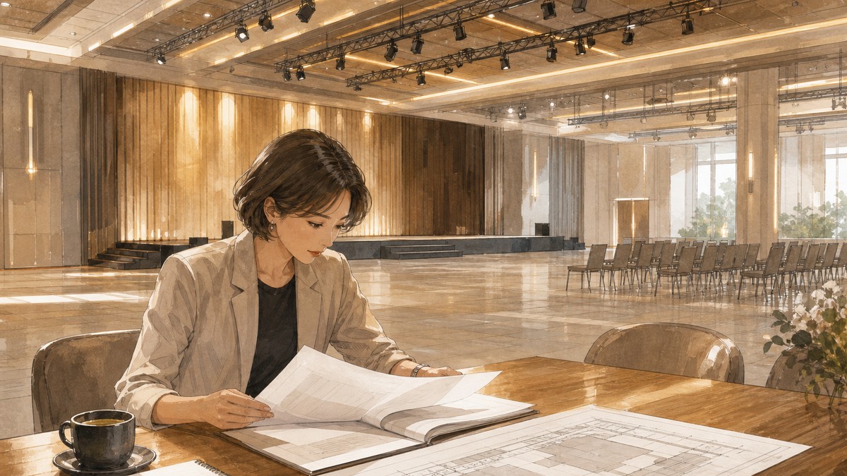 企劃人員在活動場地內翻閱企劃書與場地資料的情境示意圖