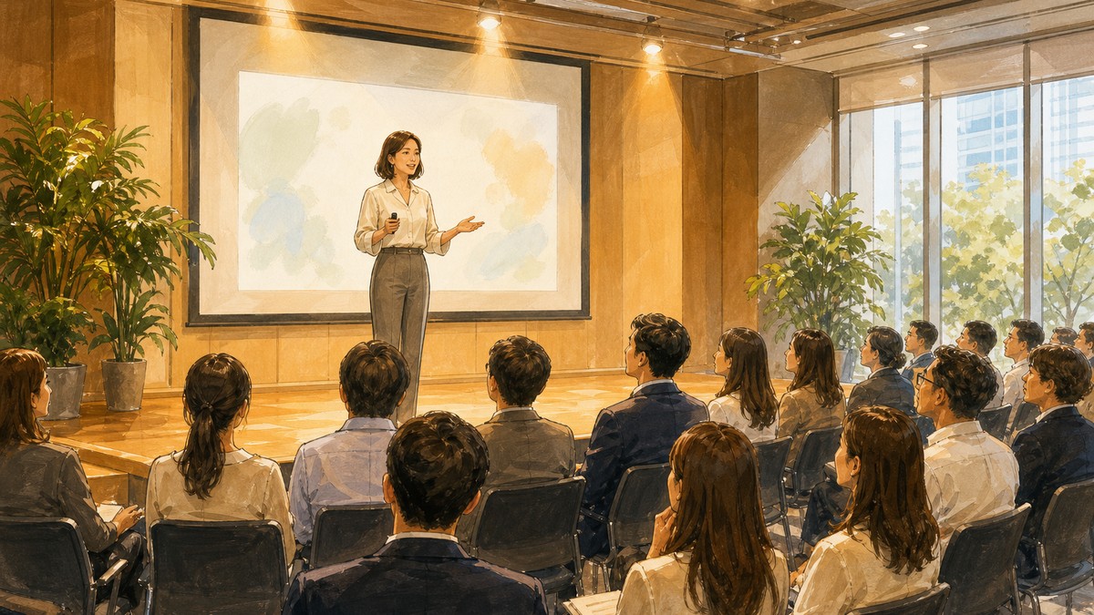 企業健康講座活動現場插畫，講師對員工講解健康主題