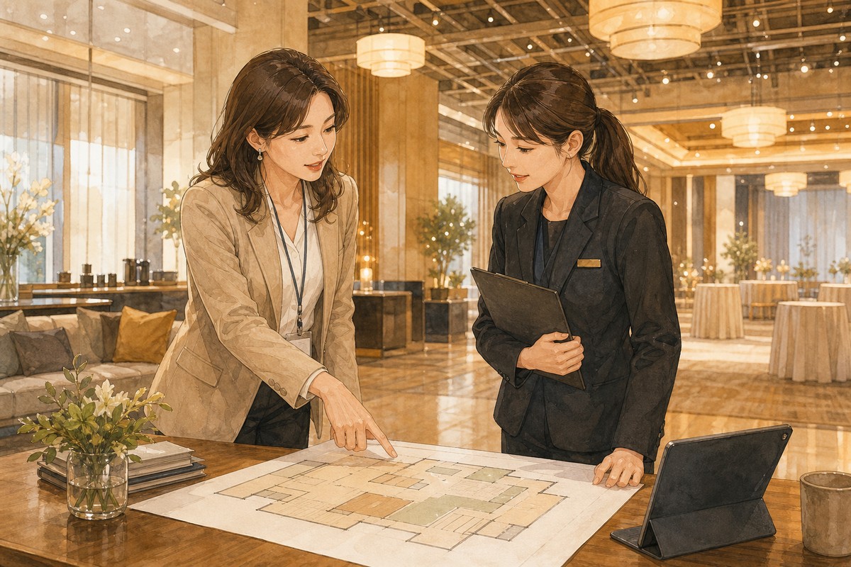 兩位工作人員討論企業家庭日場地規劃與動線安排的插畫