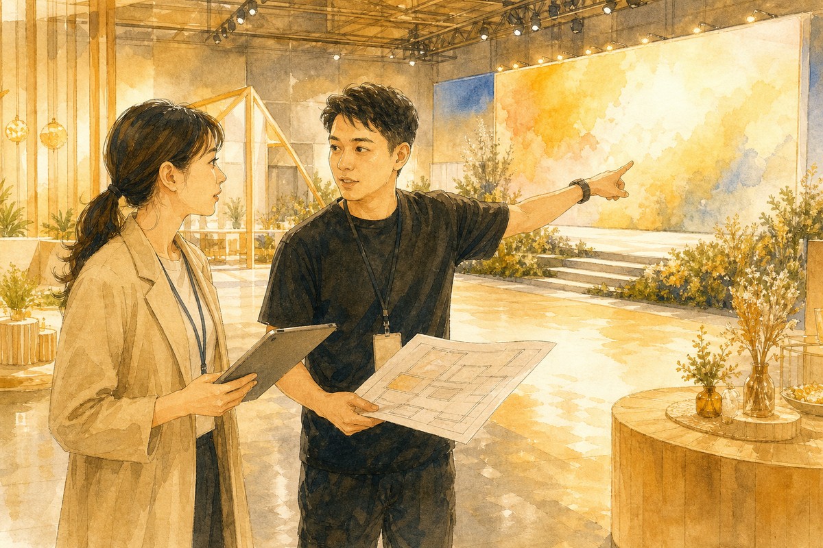 兩位工作人員在展覽場地內討論主視覺背板牆規劃,一人指向背板方向