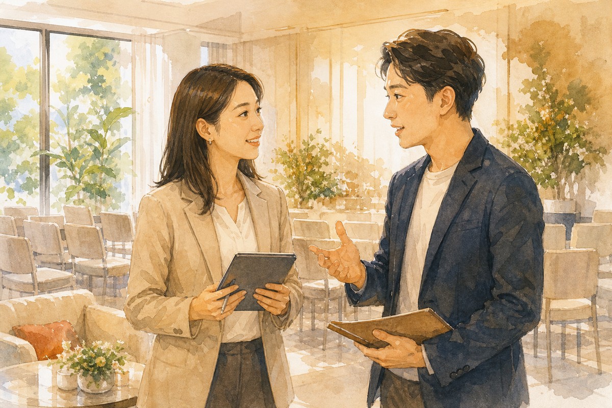 企業HR與場地顧問討論健康講座場地規劃的對話插畫