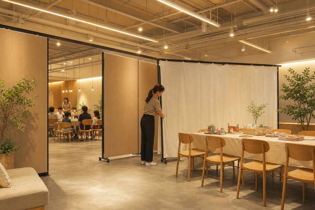 室內活動場地以彈性隔板區隔出親子活動區與其他分區的示意畫面