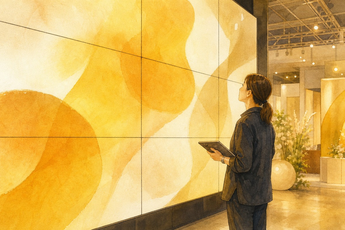 工作人員手持平板站在大型LED牆前核對畫面呈現效果