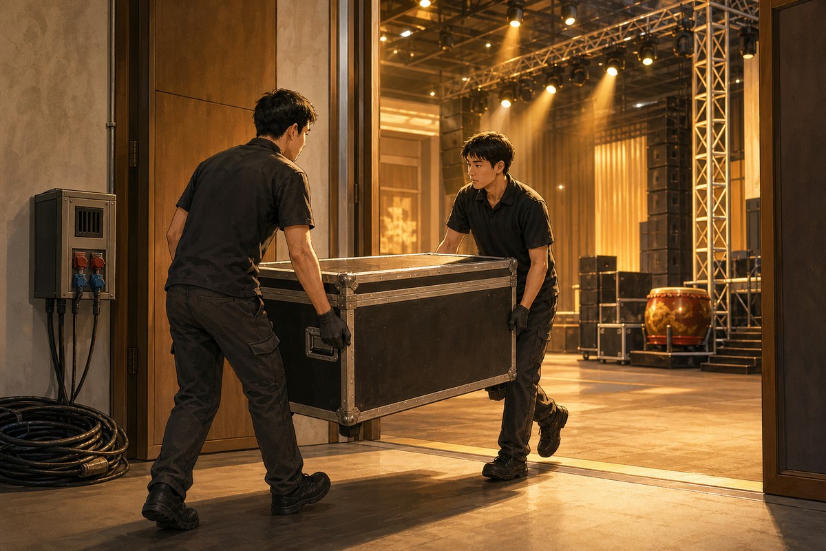 工作人員搬運大型表演道具箱進入場地後台，一旁可見電力設備的畫面