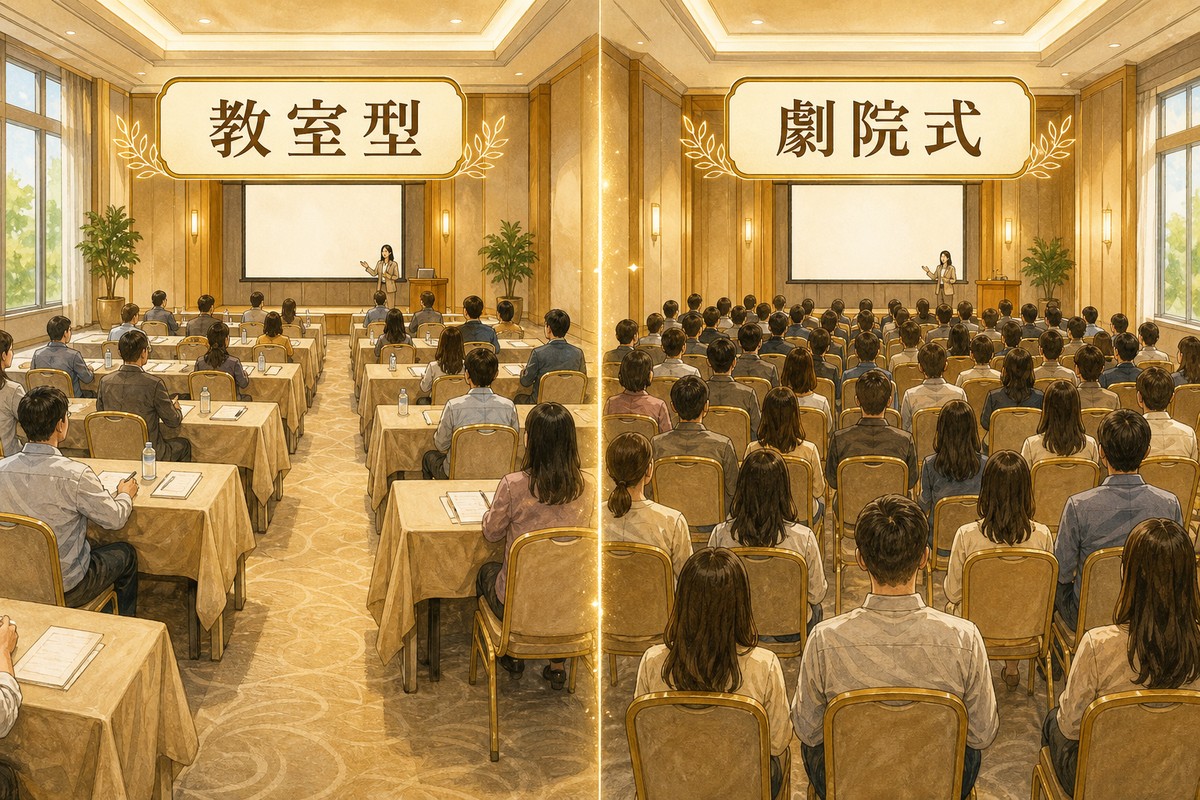 健康講座場地教室型與劇院式排法對照示意圖