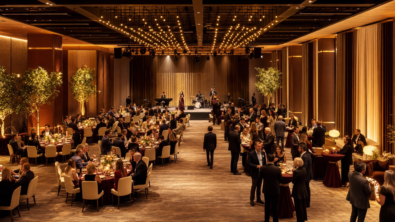 暖金活動空間內,圓桌用餐區、舞台表演區與成人賓客交流區分區配置