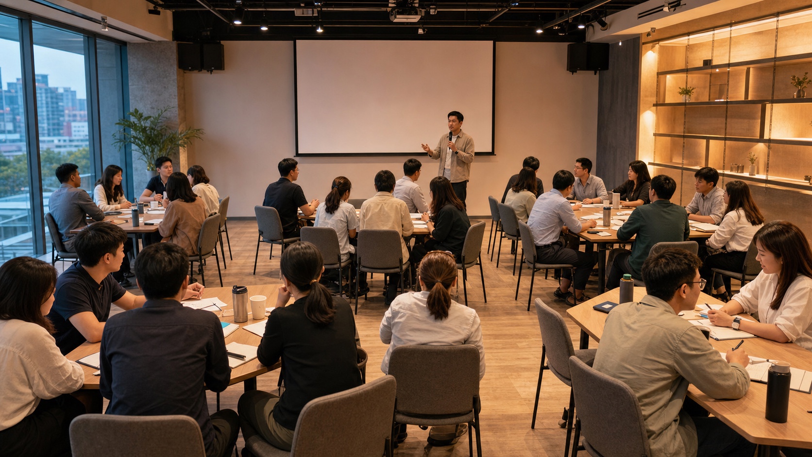 二十人企業工作坊在可移動桌椅的中型活動空間進行分組討論