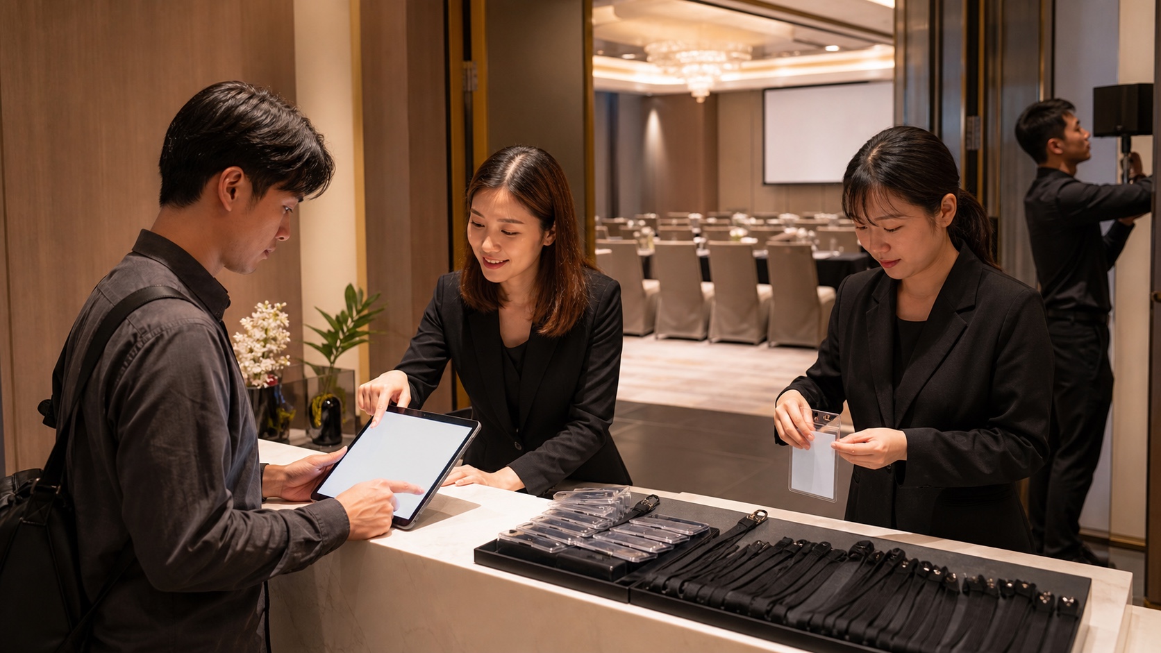 主辦方在活動報到櫃台確認預約資料,場務同步準備識別證與會場設備