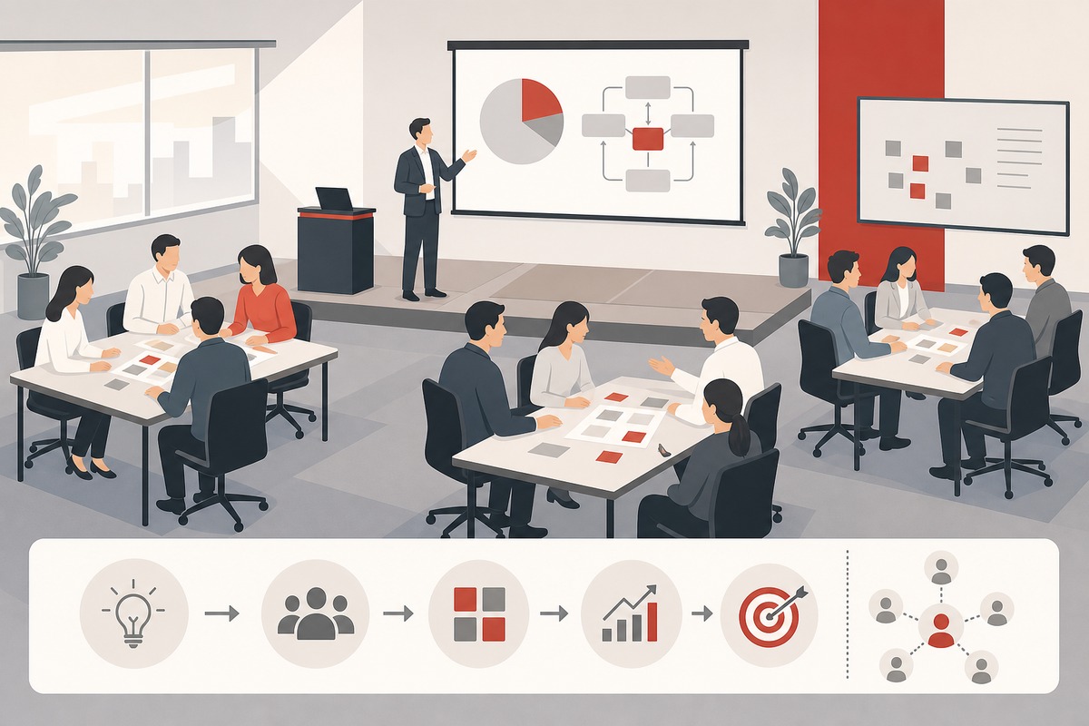 企業教育訓練課程進行中,學員在配有投影與分組座位的訓練教室內上課討論