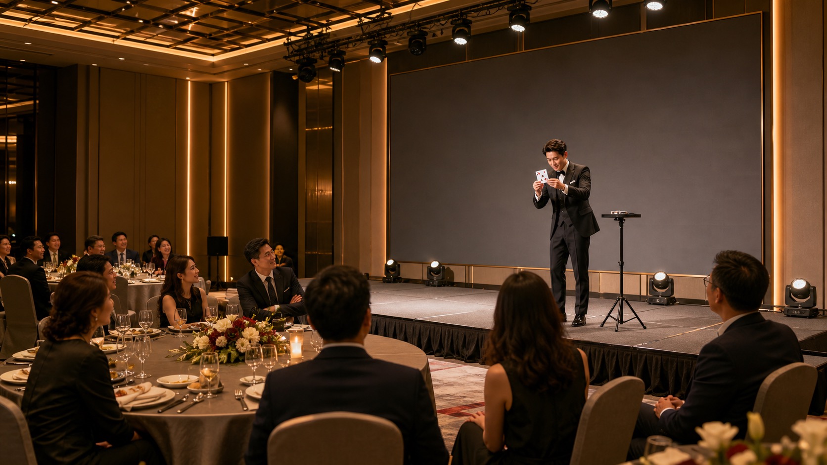 企業尾牙場地中魔術師在舞台演出,來賓於宴會桌旁觀看