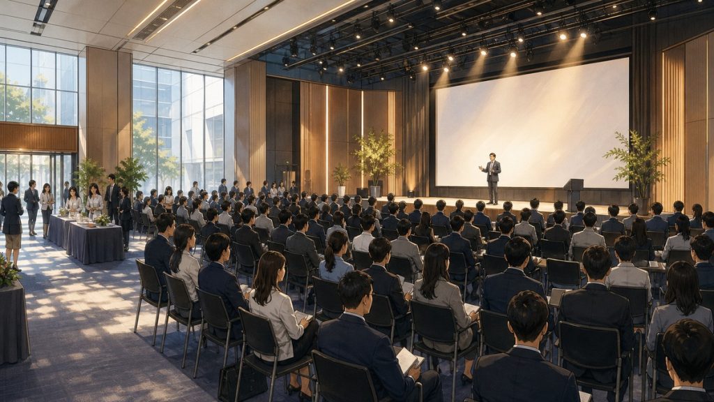 大型室內活動場地內約一百位聽眾坐在排椅上面向舞台，講者站在台上，場地後方設有報到長桌與迎賓區