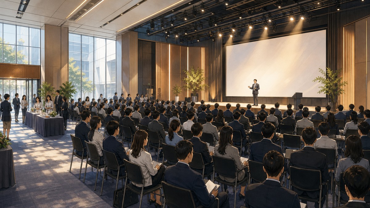 大型室內活動場地內約一百位聽眾坐在排椅上面向舞台，講者站在台上，場地後方設有報到長桌與迎賓區