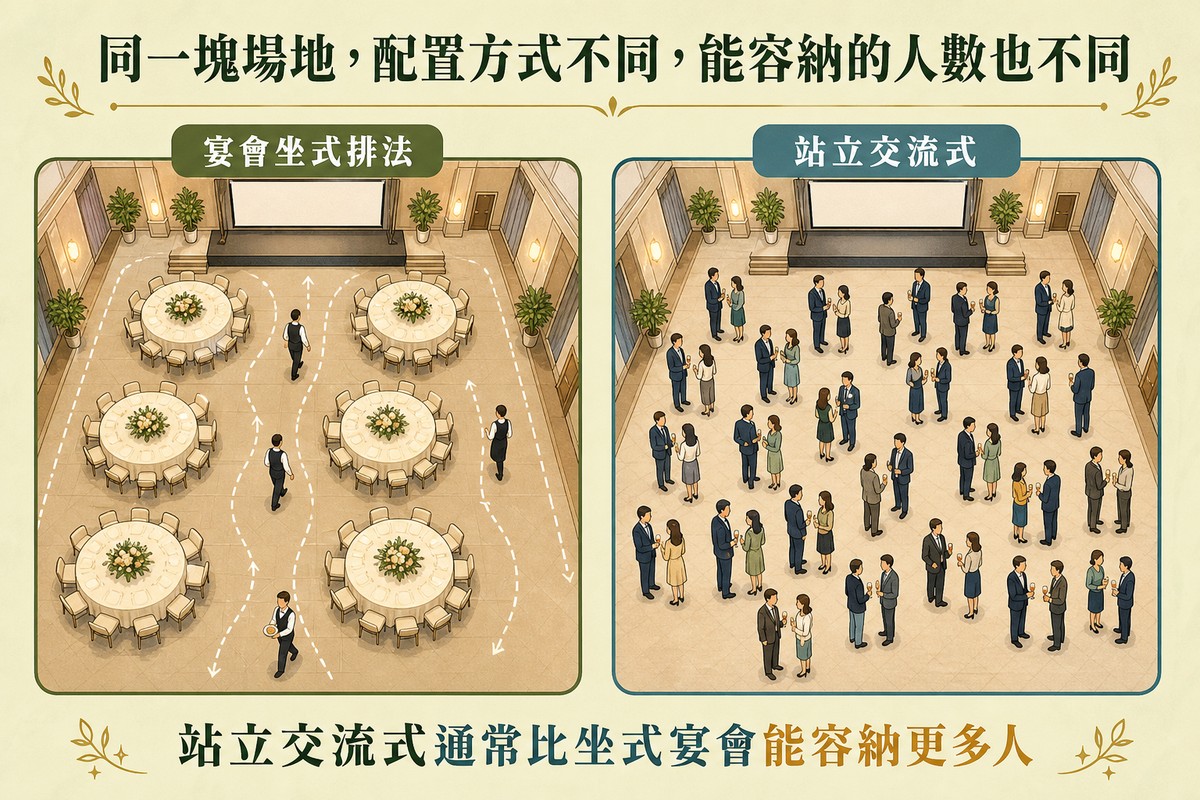 俯視圖對比:左側宴會坐式排法,圓桌與服務走道佔去大量空間;右側站立交流式,同樣面積站滿更多賓客
