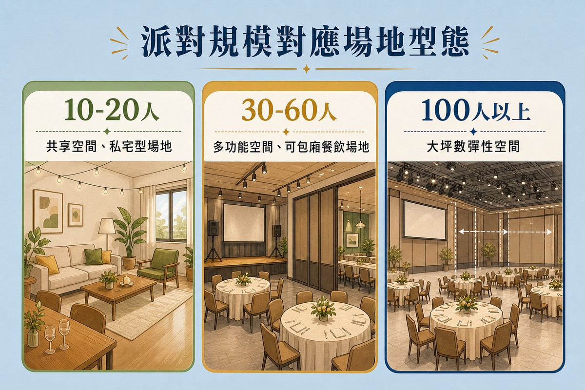 三張卡片由左至右:10到20人的共享空間或私宅型場地、30到60人的多功能空間、100人以上的大坪數彈性空間