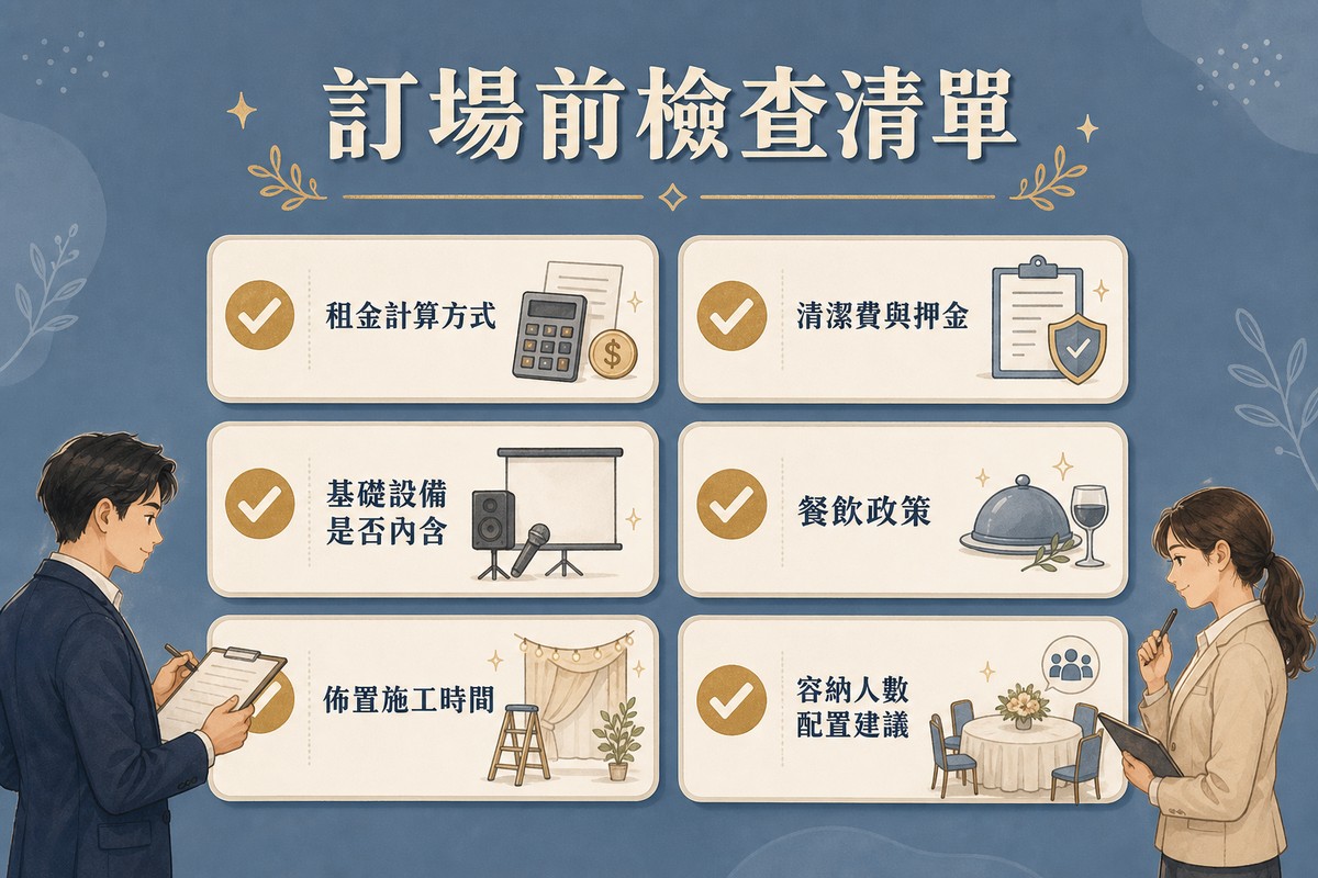 六張打勾卡片:租金計算方式、清潔費與押金、基礎設備是否內含、餐飲政策、佈置施工時間、容納人數配置建議