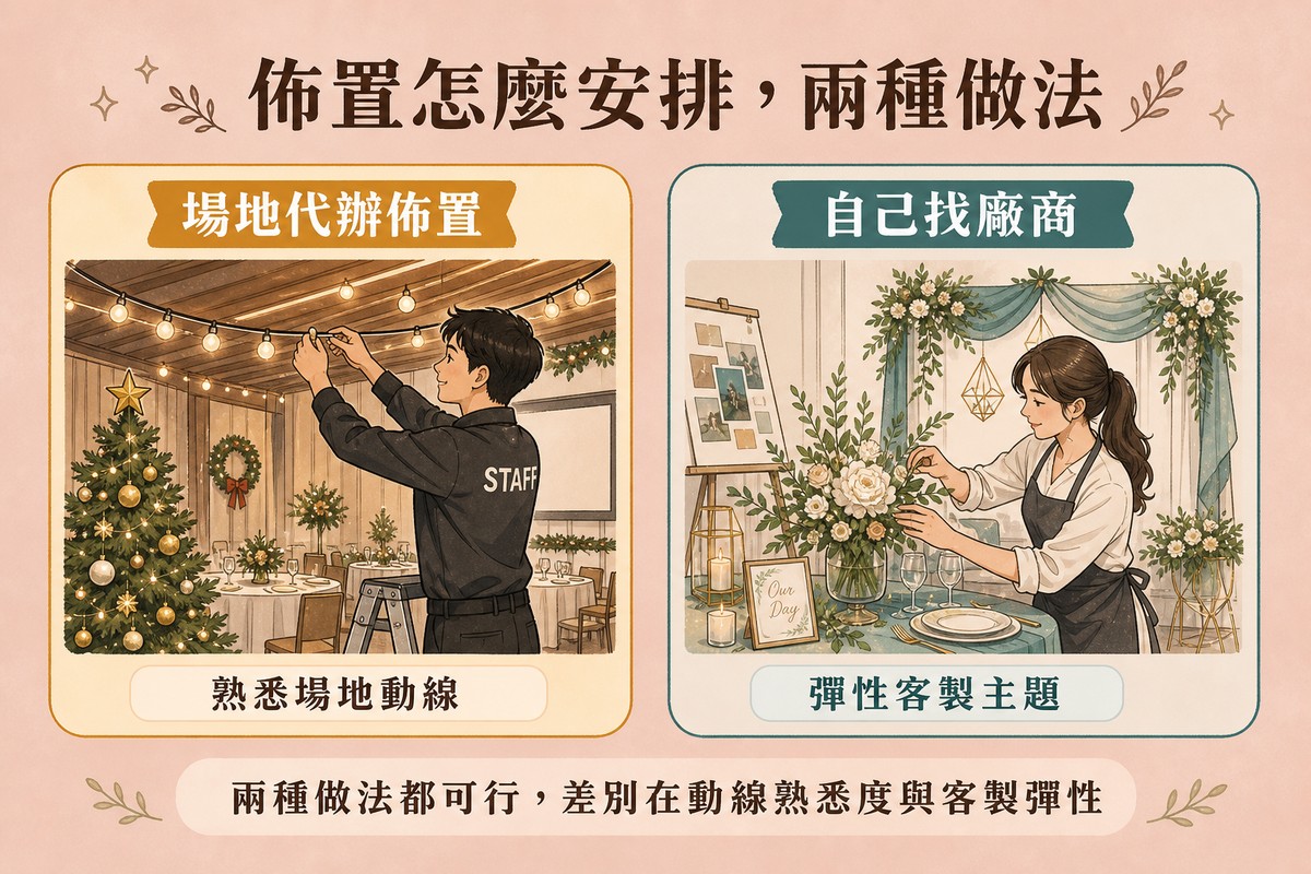左側場地代辦佈置:工作人員在掛聖誕燈飾,標示熟悉場地動線;右側自己找廠商:獨立佈置師客製花藝,標示彈性客製主題
