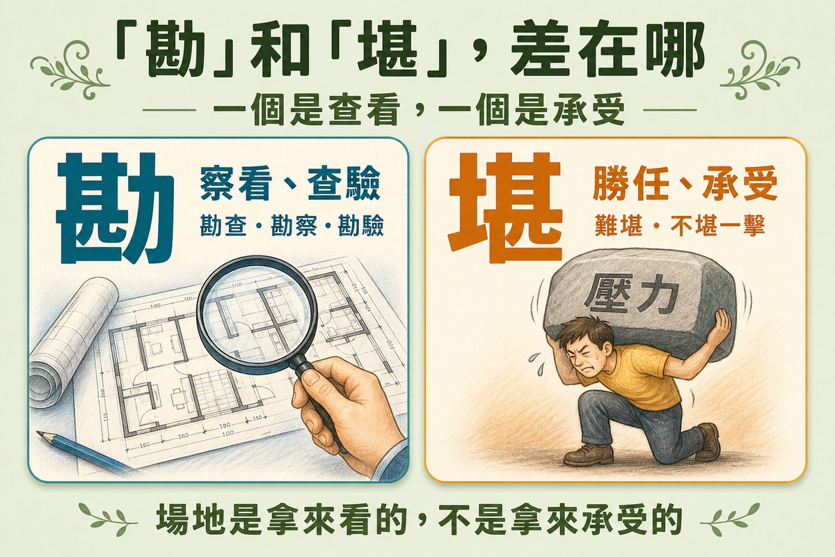兩欄對照圖,左欄藍色的勘字意思是察看查驗,配一支放大鏡看平面圖;右欄橘色的堪字意思是勝任承受,配一個人扛著重物