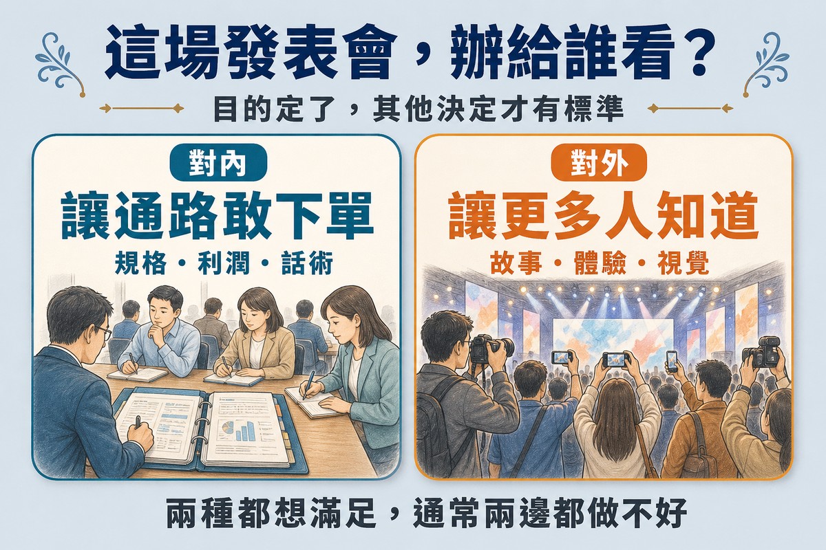 兩欄對照圖,左欄藍色的對內場目標是讓通路敢下單、重點在規格利潤與話術,右欄橘色的對外場目標是讓更多人知道、重點在故事體驗與視覺