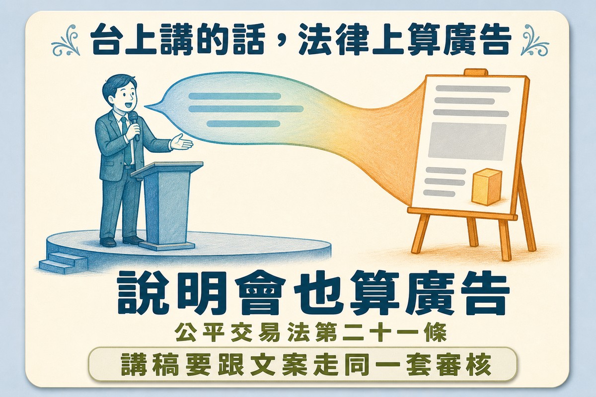 資訊圖,講者在台上說話,說出來的話變成一塊廣告看板,標示說明會也算廣告,並註明公平交易法第二十一條