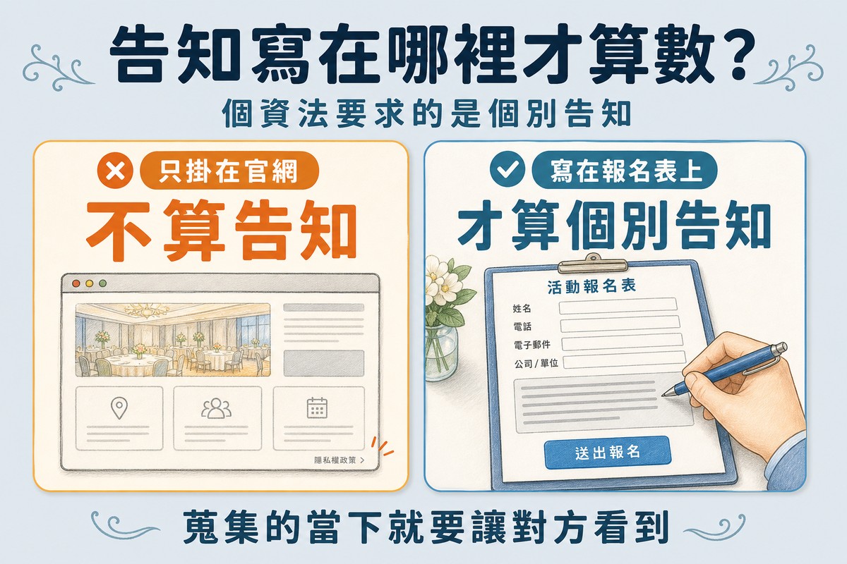 兩欄對照圖,左欄橘色標示只把告知掛在官網角落不算告知,右欄藍色標示寫在報名表上讓填表人看得到才算個別告知