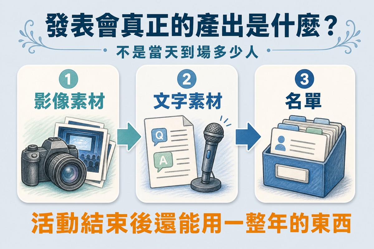 三步驟流程圖,依序是影像素材、文字素材與名單,箭頭由左至右連接,底部標示活動結束後還能用一整年的東西