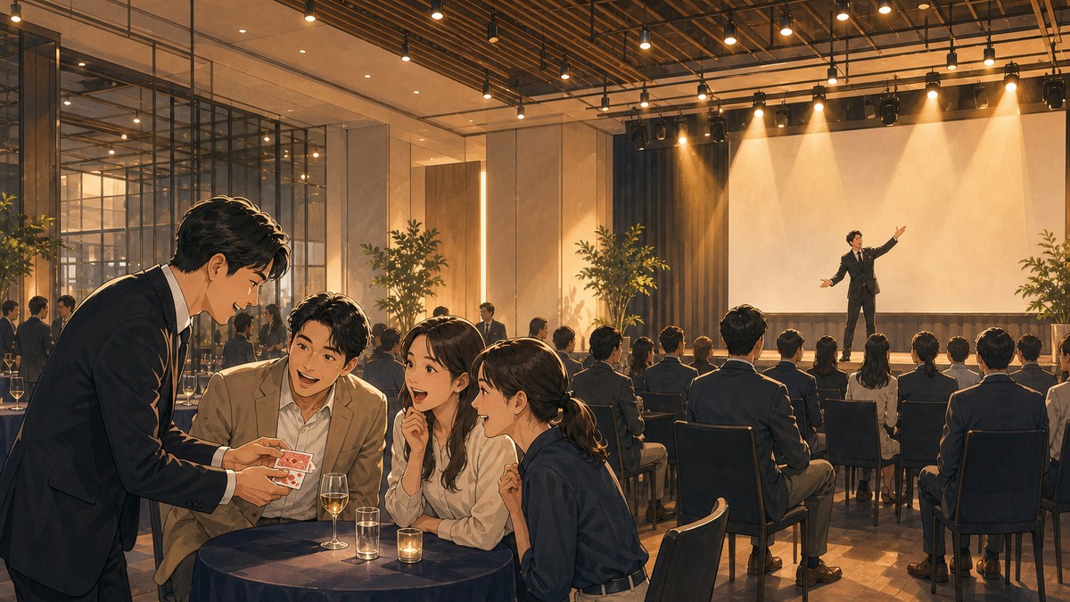 商務活動空間中，魔術師在前景為賓客表演近距離撲克牌魔術，背景舞台上另一位表演者在聚光燈下面向觀眾表演，呈現近距離互動魔術與舞台魔術兩種形式同時存在的活動現場