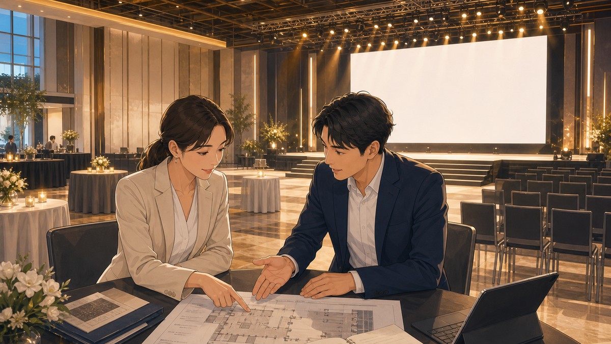 兩位活動企劃人員在大型活動場地內的桌邊討論活動時間軸與場地平面圖，一人指向企劃文件、另一人傾身參與討論，背景是舞台、空白LED牆與收整齊的座椅呈現溫暖金色燈光的活動空間