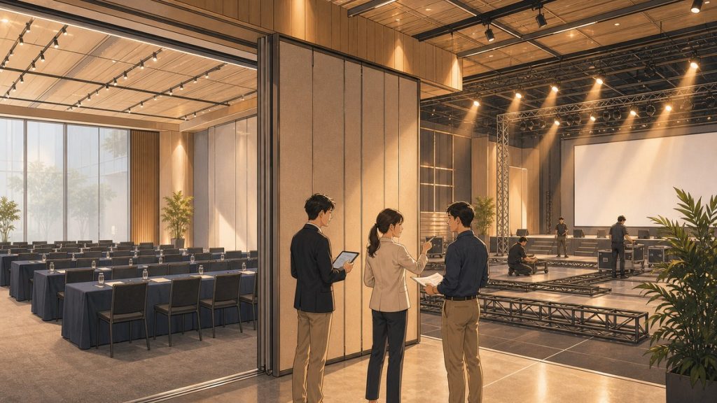 RED SPACE多元商務空間內，工作人員正在調整可拆裝隔間牆，展現場地彈性配置的實景