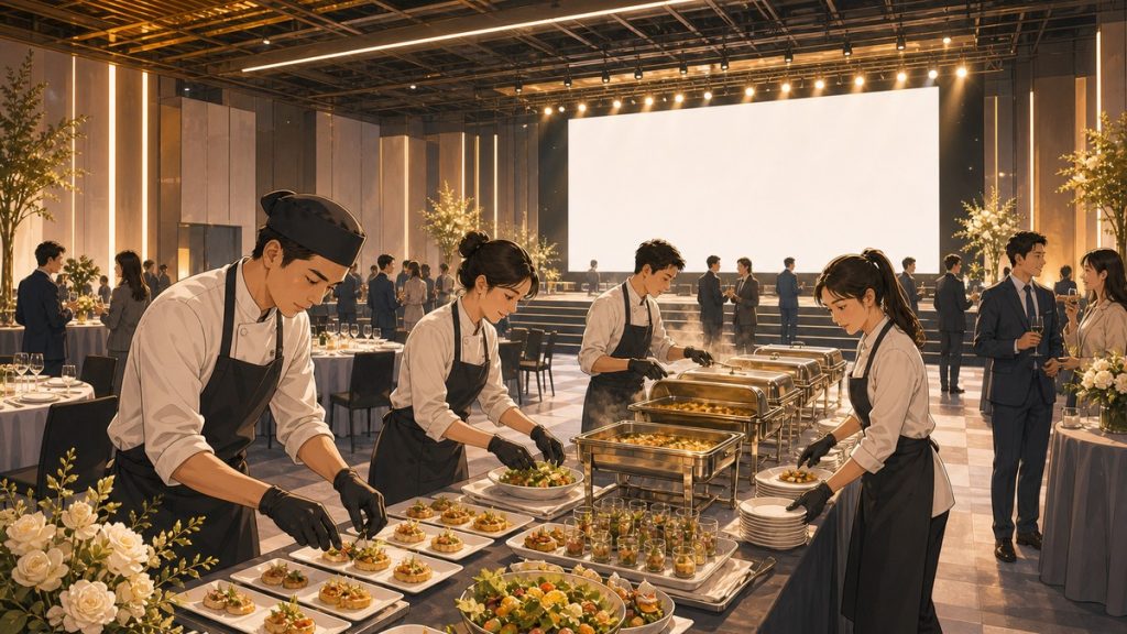 外燴廚師與服務人員在活動現場擺盤、整理餐點與熟食保溫檯，賓客在後方交流，舞台與空白LED牆呈現溫暖金色燈光的活動空間