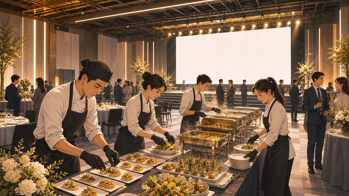 外燴廚師與服務人員在活動現場擺盤、整理餐點與熟食保溫檯，賓客在後方交流，舞台與空白LED牆呈現溫暖金色燈光的活動空間