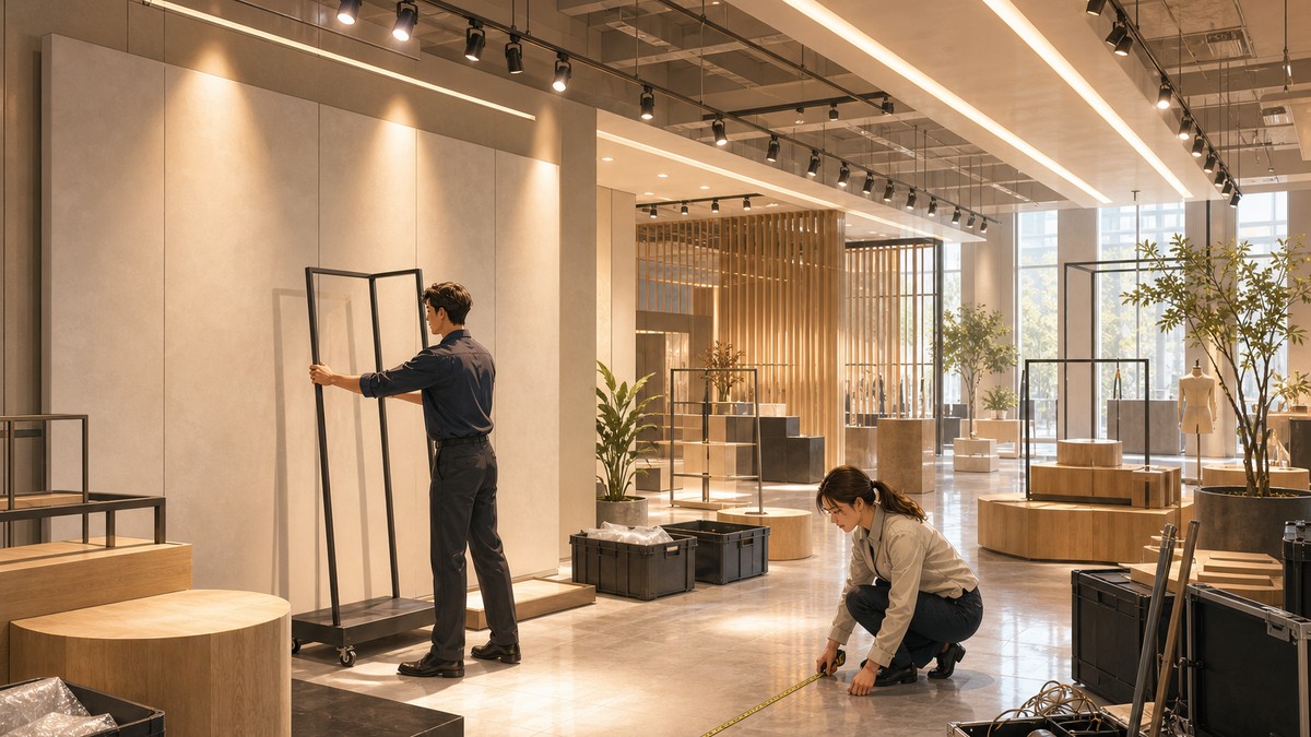 兩位工作人員在挑高明亮的快閃店空間裡佈置準備：一人扶著移動式展示架調整位置，一人蹲在地面用捲尺丈量走道寬度，周圍散落道具箱與尚未組裝完成的展示台。