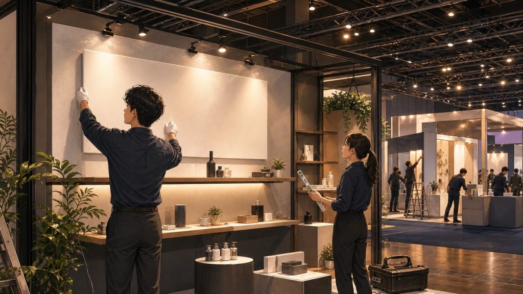 兩位工作人員在展覽攤位內佈置主視覺看板與展示層架，暖金燈光的展場空間