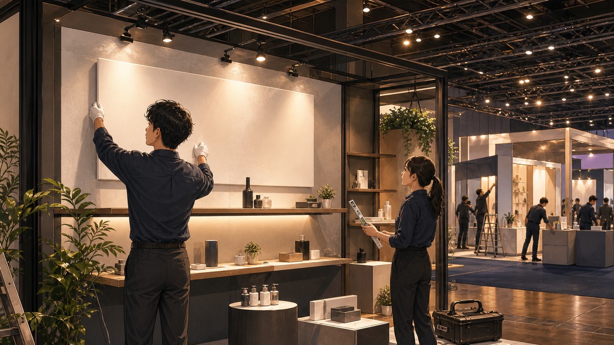 兩位工作人員在展覽攤位內佈置主視覺看板與展示層架，暖金燈光的展場空間