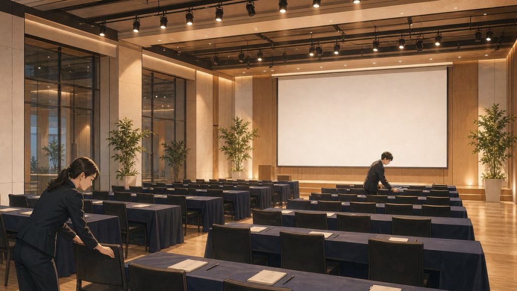 活動場地內企業內訓教室型座位排列準備中，兩位工作人員調整椅子與投影布幕，暖色燈光與木質空間