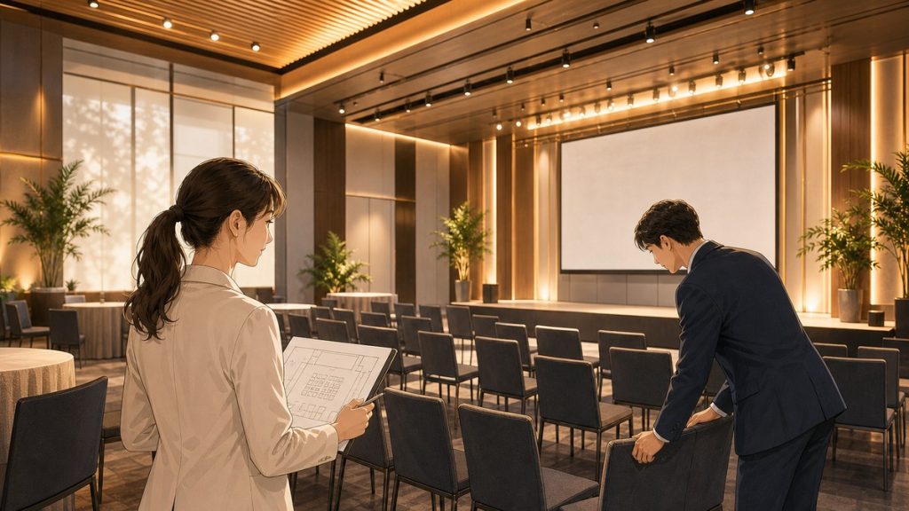 兩位工作人員在暖色調會議空間裡對照平面圖，安排座椅排列