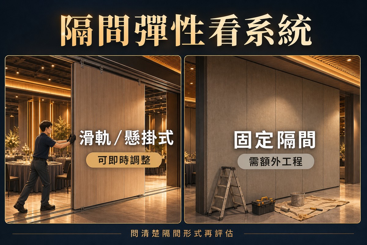 圖解比較滑軌懸掛式與固定隔間兩種系統的彈性調整差異