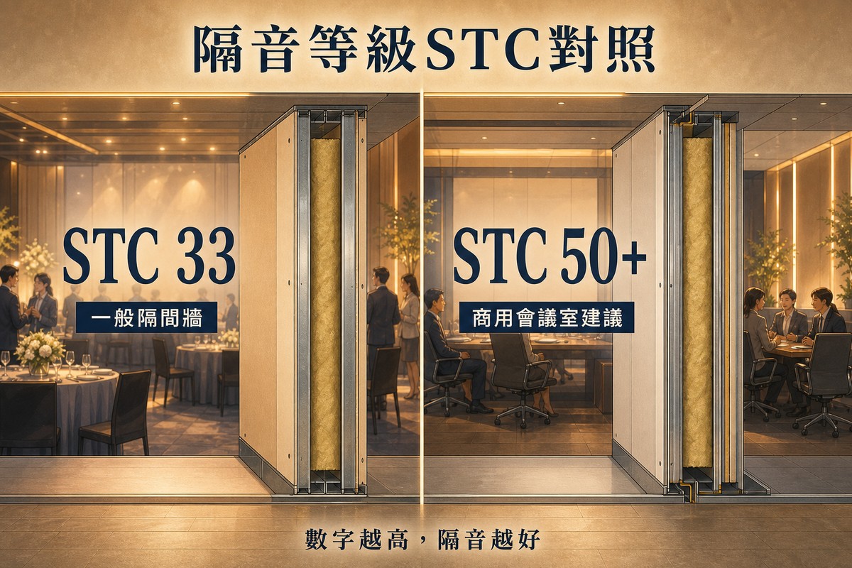 圖解STC隔音等級對照，一般隔間牆約33，商用會議室建議50以上