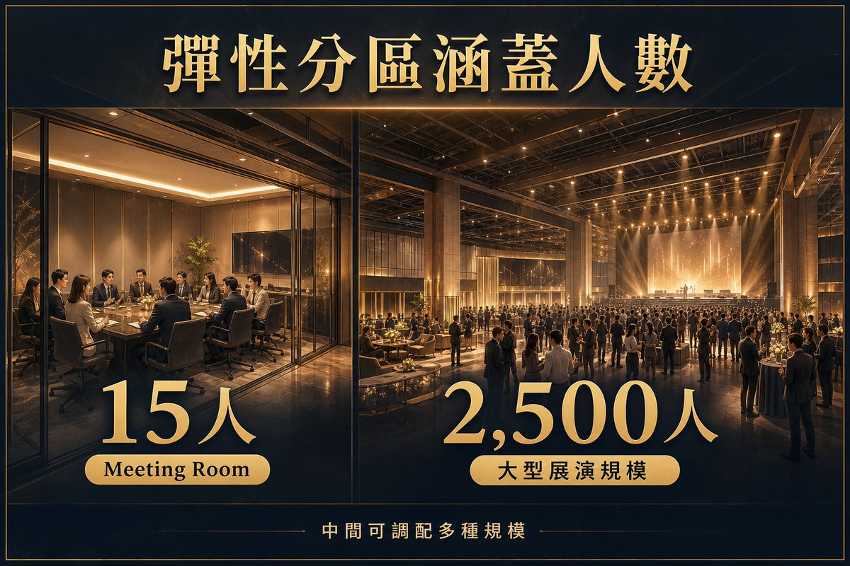 圖解RED SPACE場地彈性分區從15人到2500人的容納範圍