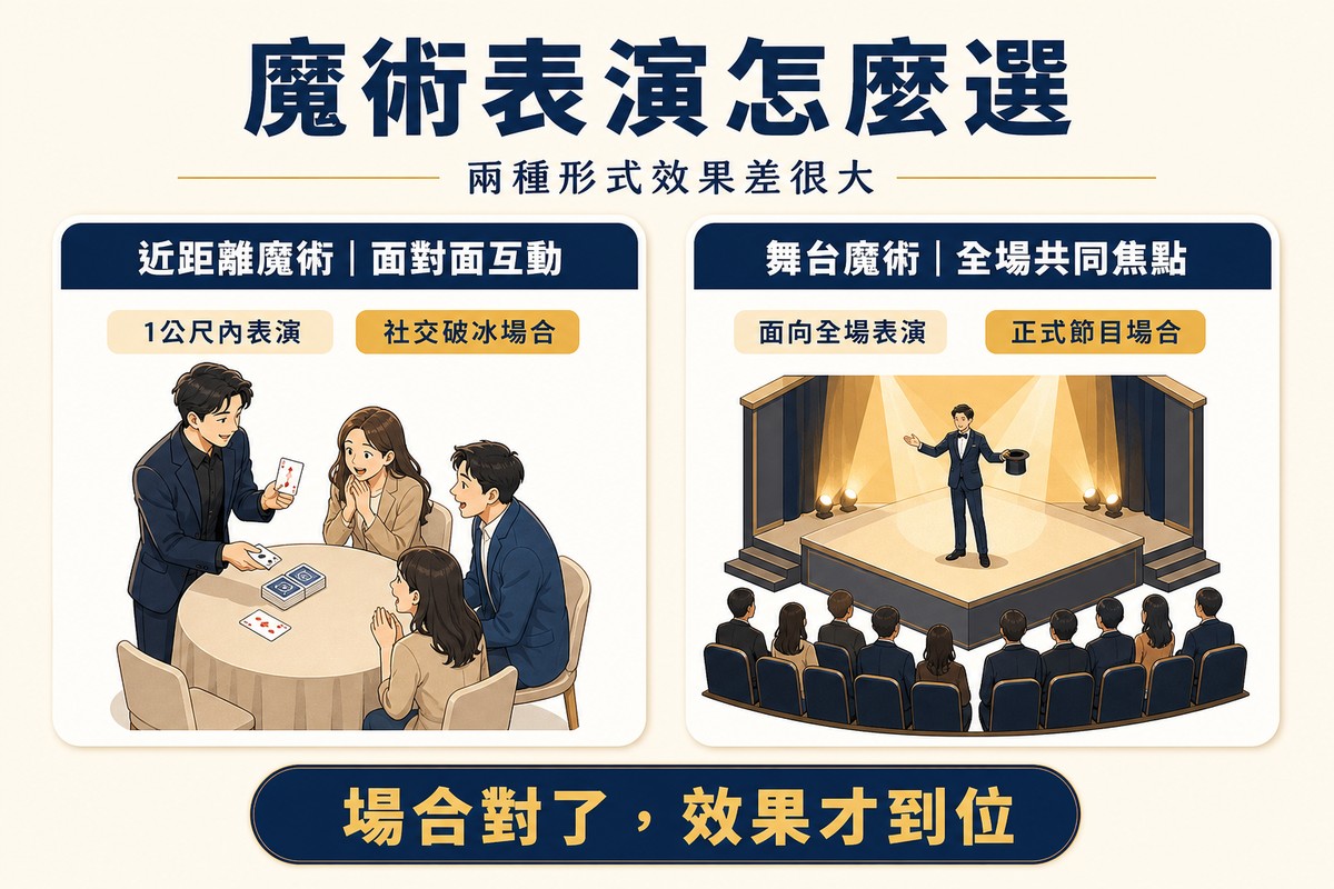 資訊圖卡左側顯示近距離魔術，一位魔術師在圓桌旁為三位賓客表演撲克牌魔術，標示一公尺內表演、社交破冰場合；右側顯示舞台魔術，一位表演者站在聚光燈舞台上面對排排坐的觀眾，標示面向全場表演、正式節目場合；底部提醒場合對了效果才到位