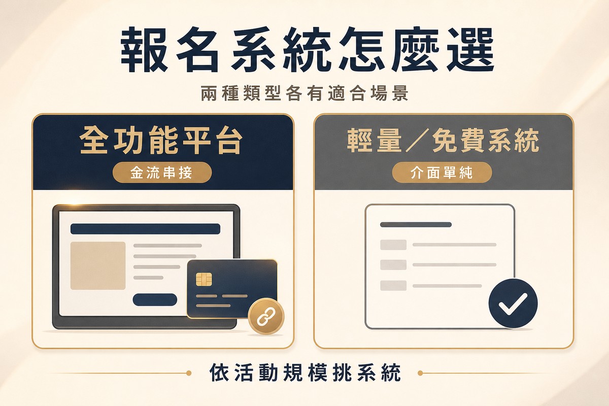 解說圖對比兩種報名系統類型:左側全功能平台卡片顯示報名頁面畫面疊加信用卡圖示,標籤寫金流串接;右側輕量/免費系統卡片顯示簡化表單與打勾框,標籤寫介面單純,底部提醒依活動規模挑系統。