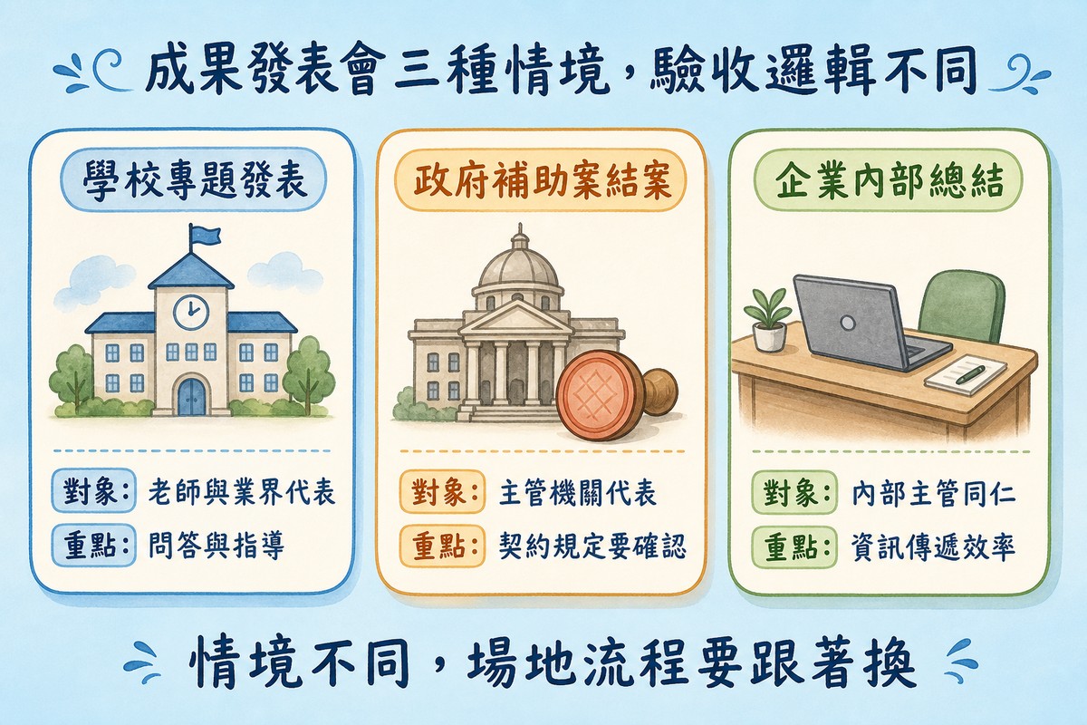 三欄卡片,學校專題發表對象是老師與業界代表重點問答指導,政府補助案結案對象是主管機關代表重點契約規定要確認,企業內部總結對象是內部主管同仁重點資訊傳遞效率,底部寫情境不同場地流程要跟著換