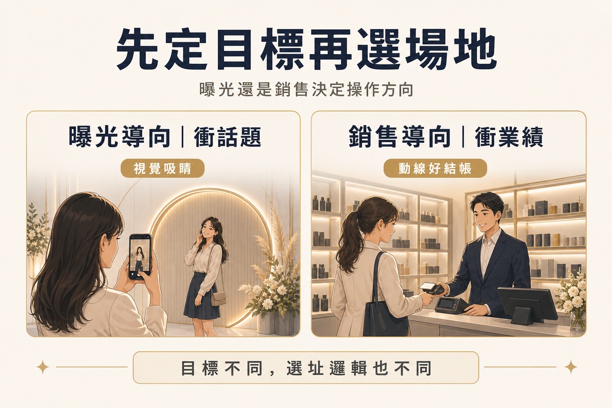 解說圖對比兩種快閃店目標：左側曝光導向卡片顯示一人正在為朋友拍打卡照，標籤寫視覺吸睛；右側銷售導向卡片顯示顧客在櫃檯結帳，標籤寫動線好結帳，底部提醒目標不同、選址邏輯也不同。